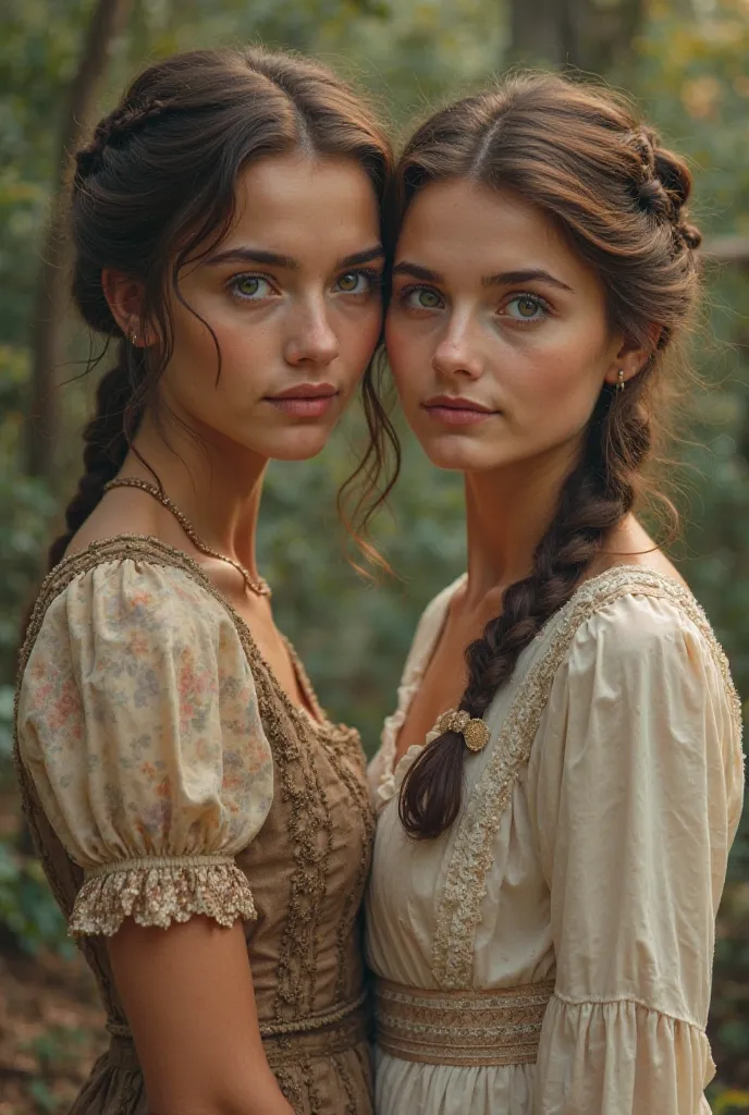 I want two 22-year-old sisters who are similar but not the same.,  and brown hair ,  one with short hair and one with long hair. Both with brown skin, of delicate and feminine features.  with honey-colored eyes . They wear vintage village dresses and are i...