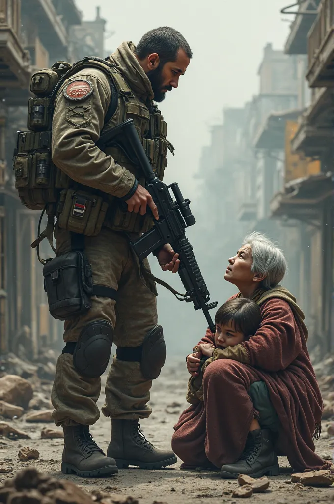 A soldier pointing a ak47 at a  girl and a grandma 