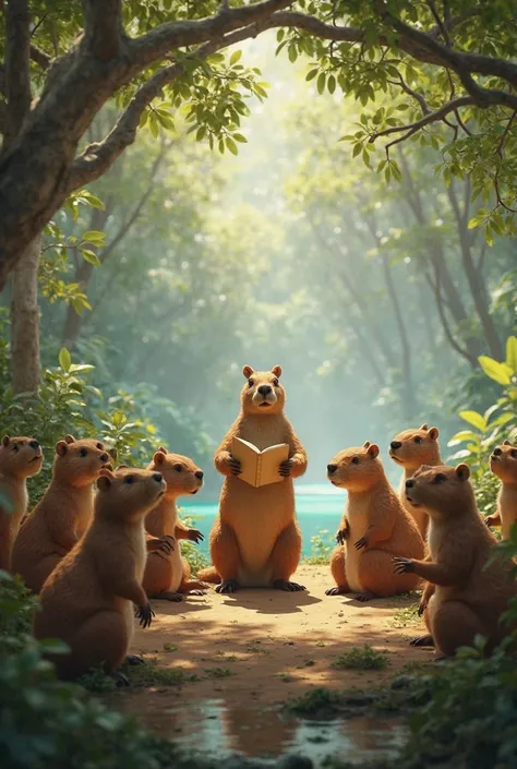 It generates a realistic and beautiful image of a group of capybaras seated listening to the story told by the teacher 