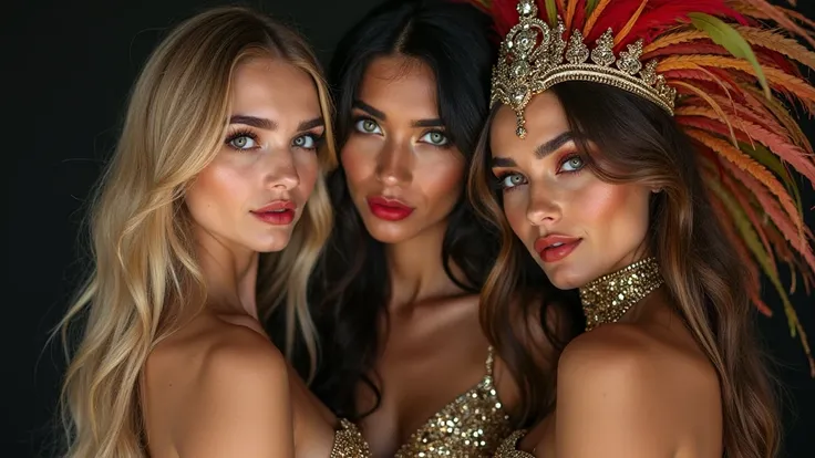 three beautiful European girls, young people, very voluminous and long hair,  smooth or wavy , blonde,  black or brown , light skin very smooth textured, beautiful detailed light blue or green eyes, pretty mouth with bright red plump lips, makeup with shad...