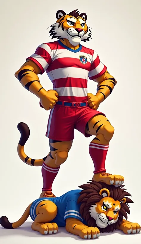 Here 

“A powerful esports mascot tiger standing confidently with hands on hips, wearing a horizontally striped red and white jersey, red shorts, and red socks. The tiger has a fierce, triumphant grin and is stepping on the head of a defeated lion. The lio...