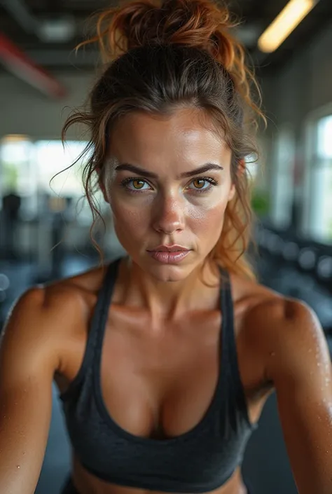 Photo of a woman with flabby hair and half brown with bright brown eyes at the gym 