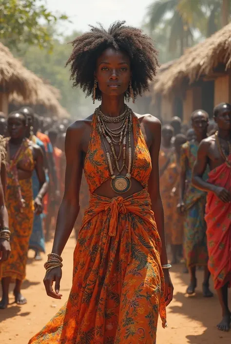 Une femme africaine belle marchais devant la foule des villageois 