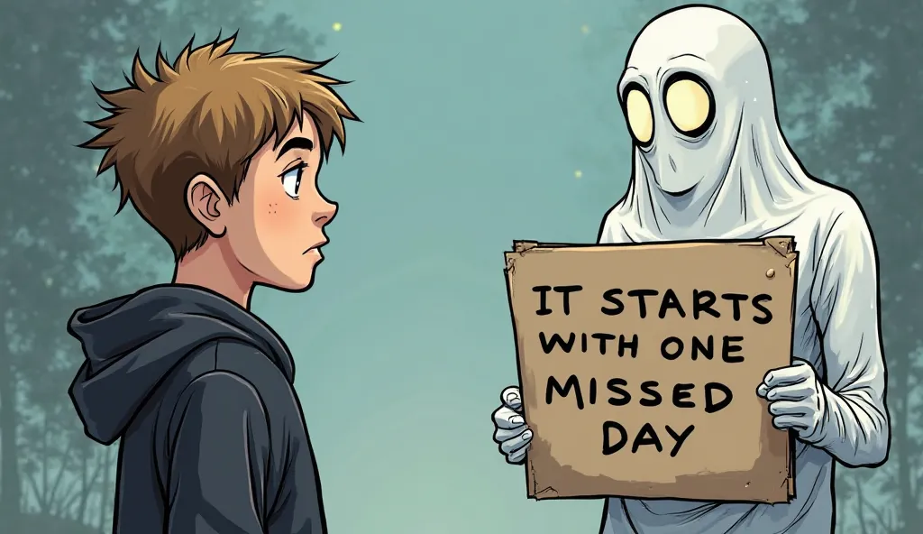 A young boy in a black hoodie hesitates before skipping his morning workout in a comic-style scene. A ghostly future version of himself watches, shaking his head, holding a sign: ‘It starts with one missed day