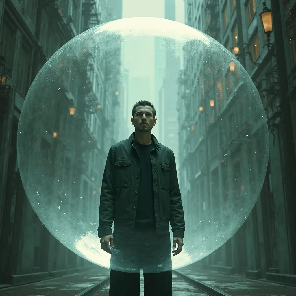 AN IMAGE THAT REPRESENTS THE MATRIX, A MAN TRAPPED IN A BUBBLE OF ILLUSION SIMILAR TO A LARGE DROP OF WATER