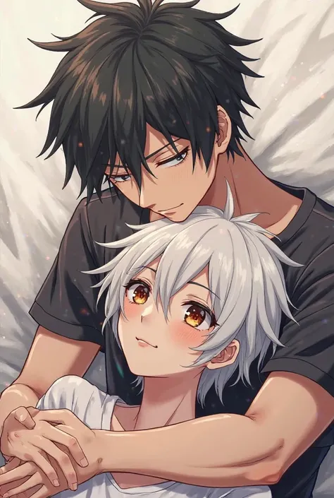 Anime Style: A black-haired boy masturbating on top of his white-haired partner