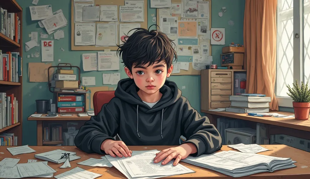 A young boy in a black hoodie sits at his desk in a comic-style environment, papers scattered everywhere, but no progress made. A second version of him sits calmly with just one task, fully focused. A red ‘X’ appears over the first version."