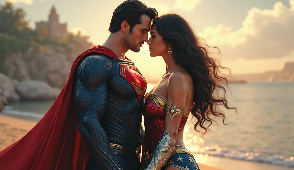 superman and curvy wonder woman wearing a bikini like costume with big breast seen on a cleavage standing holding hands