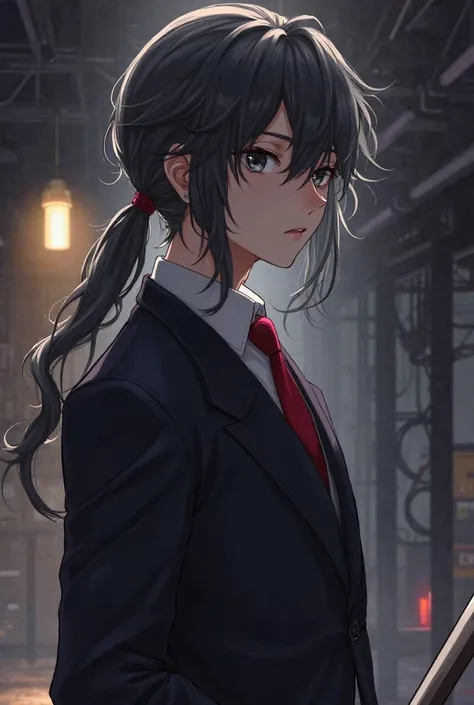 Image is a digital illustration in an anime style, featuring a male character with long, wavy hair tied in a low ponytail. The character has fair skin and striking black eyes, with a contemplative expression. He is wearing a dark suit with a white shirt an...