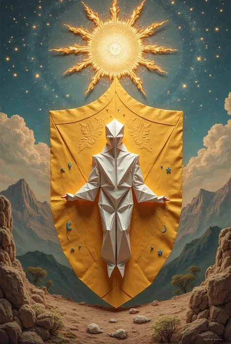 An image in classic pictorial style where an origami human figure is surrounded by a folded paper shield, decorated with symbols of protection and divine light. The background is a classic landscape of mountains and a sky full of stars. The colors are warm...