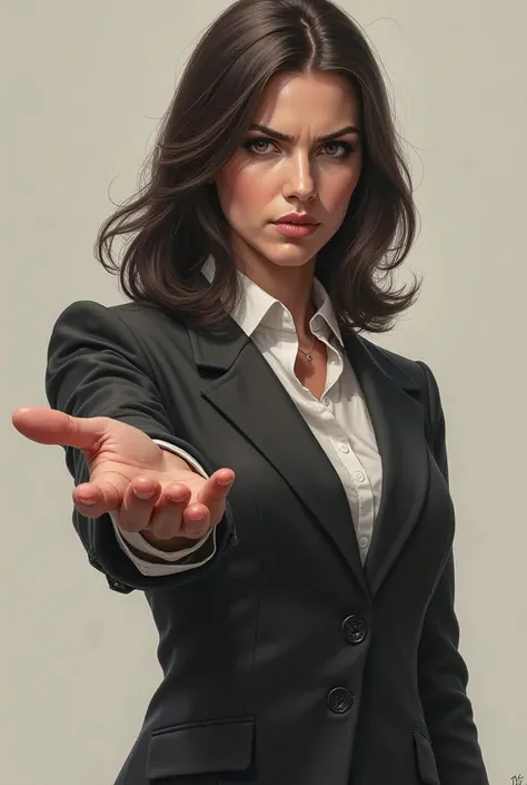 woman with shoulder-length hair , An air of serious and authoritarian demanding that you hand something over with an outstretched hand 