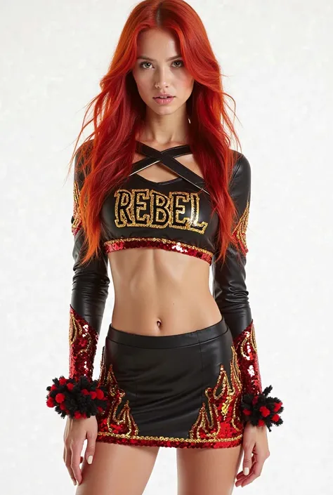 woman with smooth silky long cherry red hair,  white leather glowy shiny porcelain , cheerleader's uniform,a short top with red black and gold sequins in flames with asymmetric X-cuts and long sleeves and the REBEL logo in gold and a fitted mini skirt with...