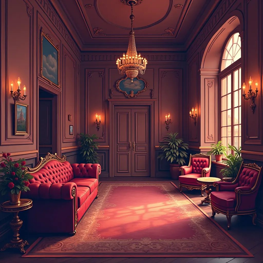 an elegant room with a reddish tone in the style of pixel art 