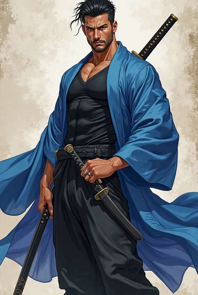  male with caramel skin color wearing Black compression shirt with a blue haori, with black baggy pants and zori for shoes, with a katana on my waist with a mustache and chin hair anime style