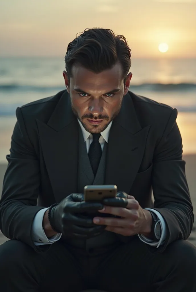 Create Tomas Shelby sitting on the beach while fiddling with Tinder on his cell phone, Looking for your great love