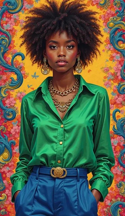 girl in green blouse and blue pants with bold maximalism 