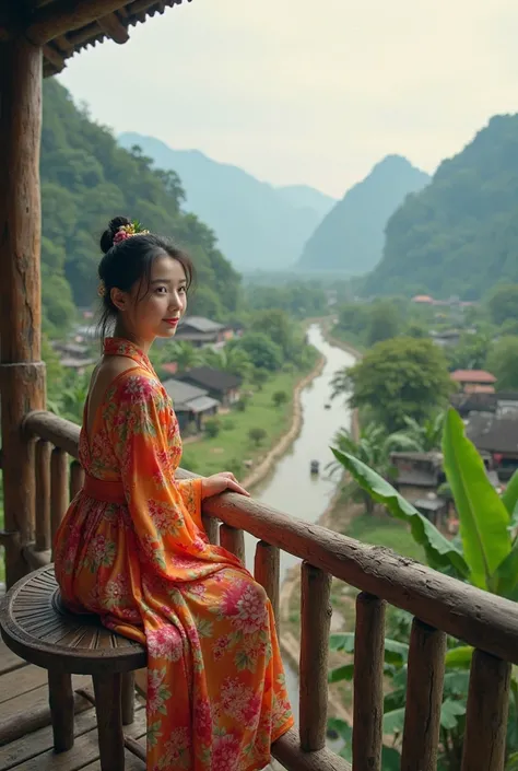 A beautiful 16-year-old girl wearing a Chinese colored hanfu dress, 
Sitting on the balcony in the morning in the mountain village house, distant high mountains, green nature, river 
Narrow road, house yard banana tree, coconut tree, flower tree, unique be...