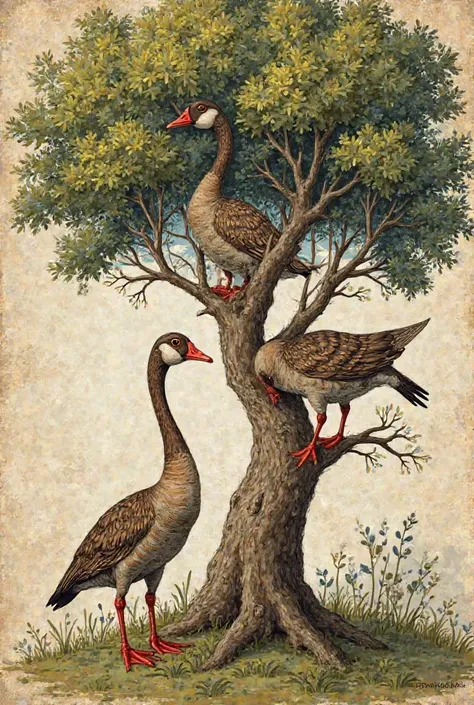 “A medieval-style illustration showing geese growing from the branches of a tree. The artwork should be inspired by ancient illuminated manuscripts, featuring vibrant colors and medieval-style details.”