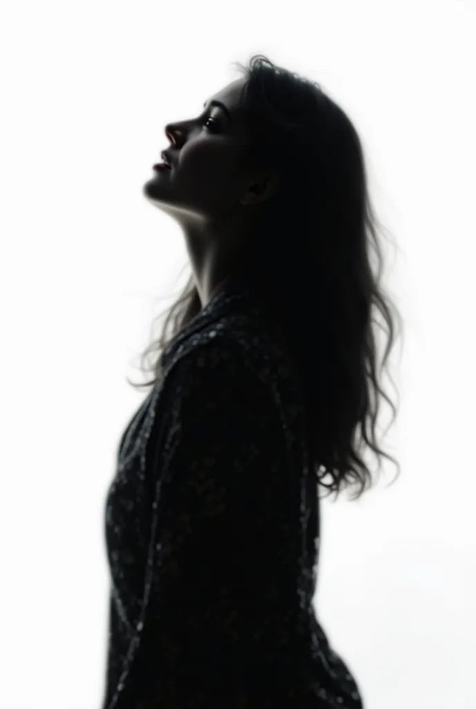 High contrast silhouette of a woman looking up to the sky, with a sad optimistic expression,  loose black hair . white background 