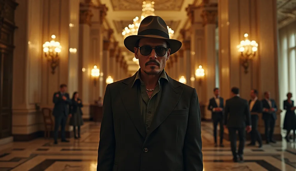 A hyper-realistic cinematic image of Johnny Depp standing in the grand lobby of a luxury hotel, wearing a stylish fedora hat and dark sunglasses. His expression is serious, his jaw slightly clenched as he observes a cleaning lady being humiliated by wealth...