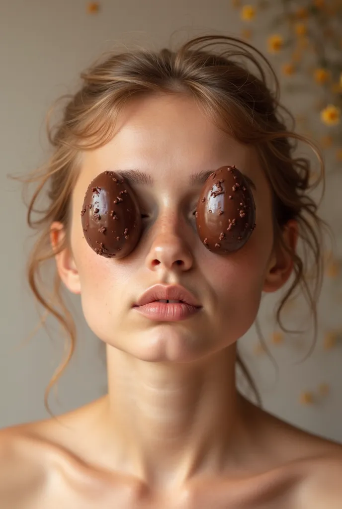  placing 2 chocolate eggs on their face
