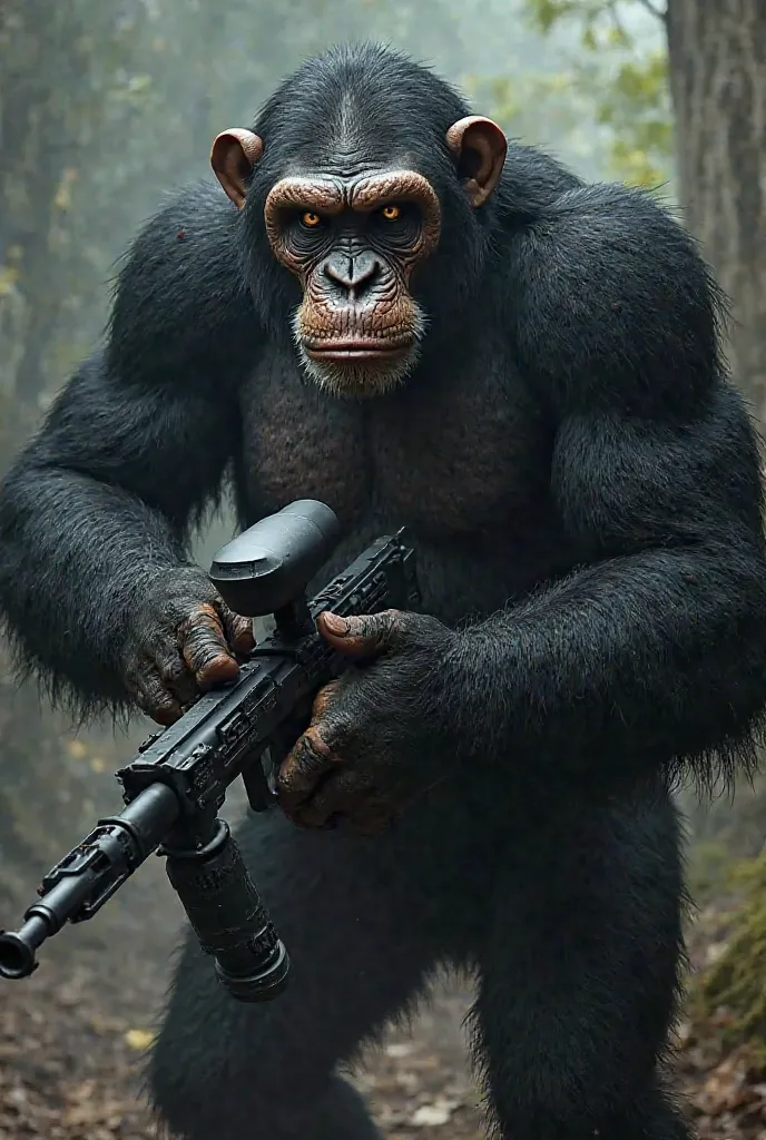 A big chimpanzee holding a big black paintball gun