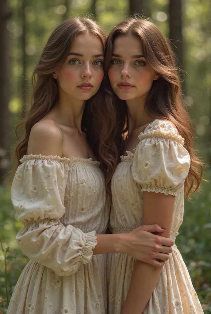 I want two 22-year-old sisters who are similar but not the same.,  and brown hair ,  one with short hair and one with long hair. Both with brown skin, of delicate and feminine features.  with honey-colored eyes . They wear vintage village dresses and are i...