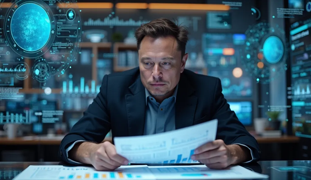 Elon Musk REVOLUTIONIZING ACCOUNTING WITH ARTIFICIAL INTELLIGENCE SITTING REVIEWING AN ACCOUNTING REPORT WITH GRAPHICS AND ARTIFICIAL INTELLIGENCE 