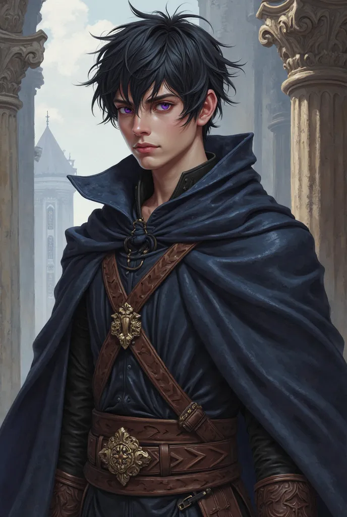 A character from a medieval role-playing game,  he is 20 years old , It has a height of 1,82, He is a character that has less strength but has more agility, He has short black hair and dark purple eyes