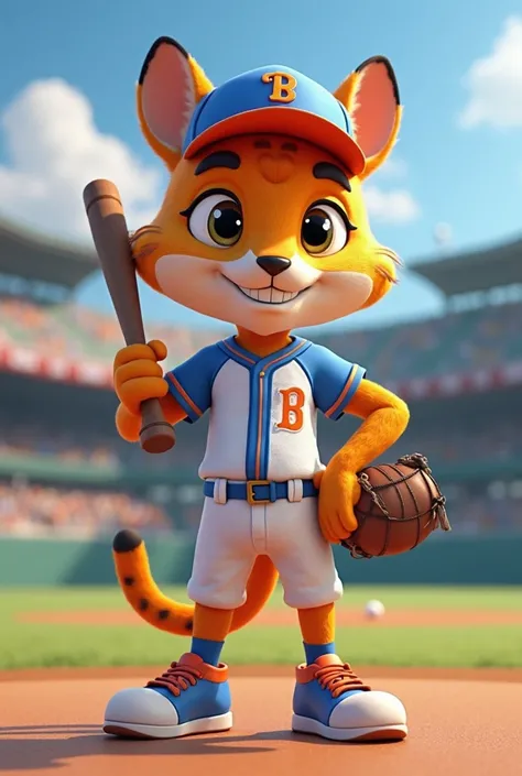 Create an animated 3D character based on a cunuaguaro (Jaguarundi ) Baseball player, who will be the official mascot of some sports games. The character must look athletic,  agile and energetic ,  with a slender but muscular body , reflecting speed and str...