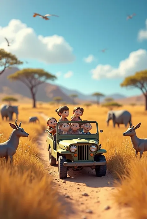 Make me a miniature video showing animals and a jeep in the savanna going on a safari