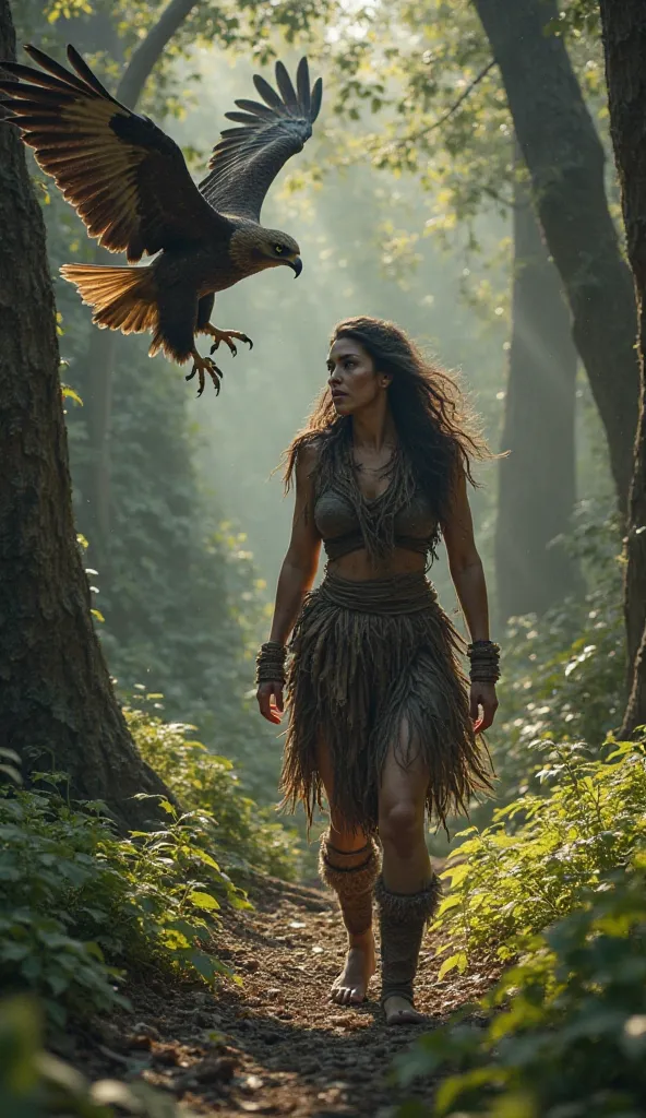 "A prehistoric woman dressed in rough and messy fur, walking through a thick forest full of giant trees and deep shadows. At your side,  a giant eagle , with its matted feathers and sharp claws, accompanies her as her protector. The woman is looking straig...