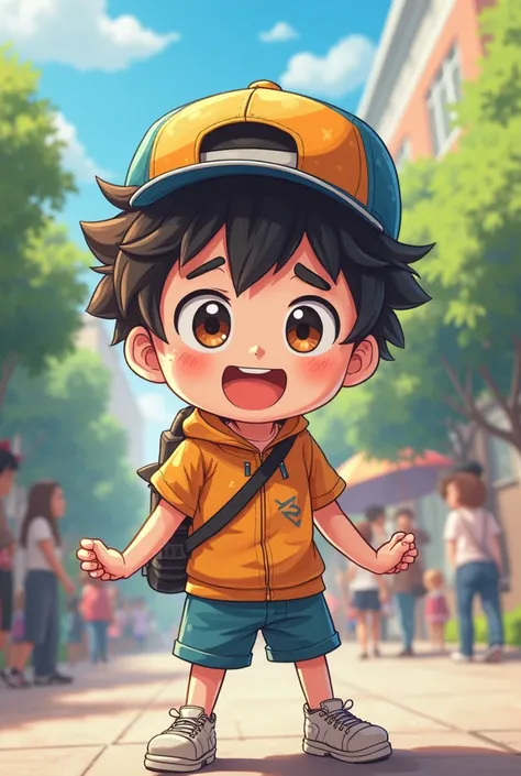 A chibi anime about a young man with curly hair and a sports cap with different reactions 