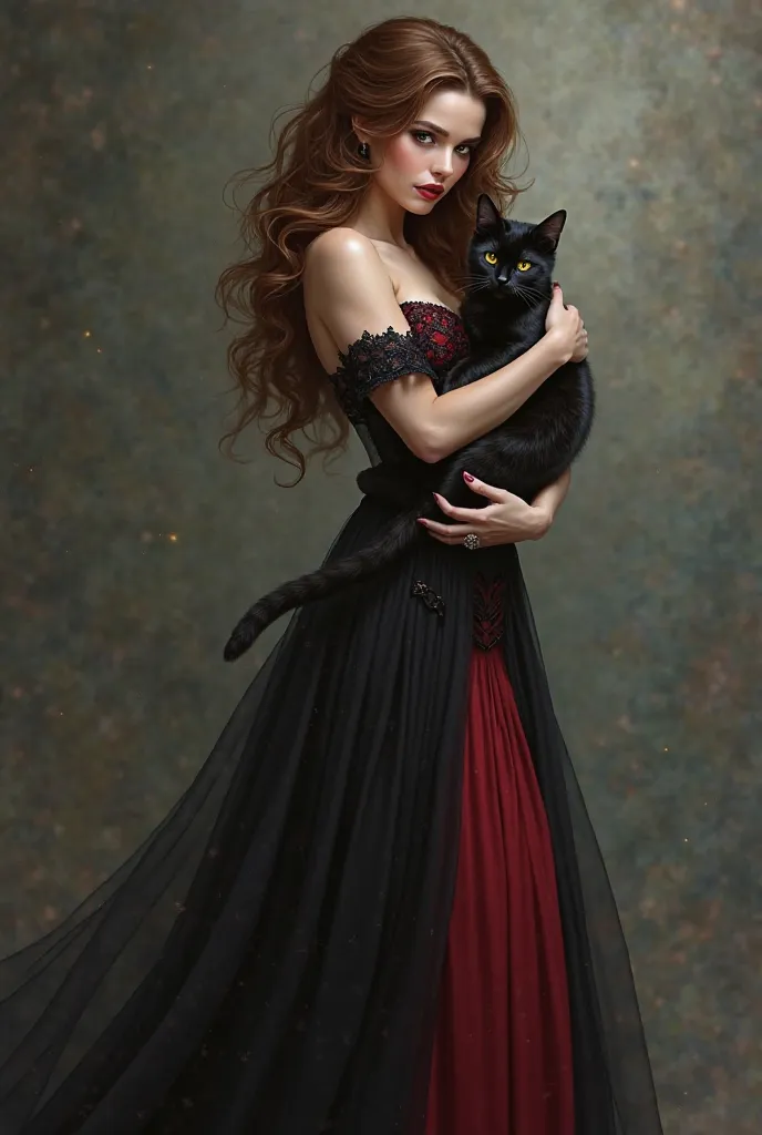 Create an image of a curly-haired brunette woman in a long black and red dress and she is holding a black cat in her hands 