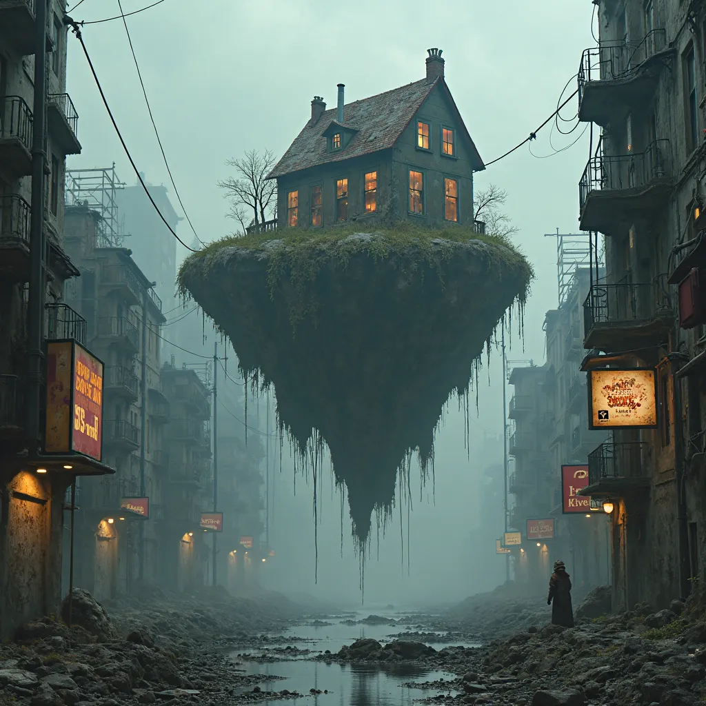 floating small island on it apocalyptic style with dilapidated big house with alley intertwined wall with light advertising with dystopian atmosphere