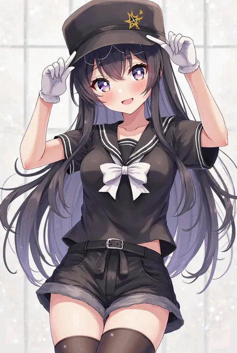 Female anime long hair color black a star on each side two signs of compression white face cutie color white gloves black cap all black short sleeve blouse black short sleeve a small white bow in half black shorts black socks Tik Tok necklace from content ...