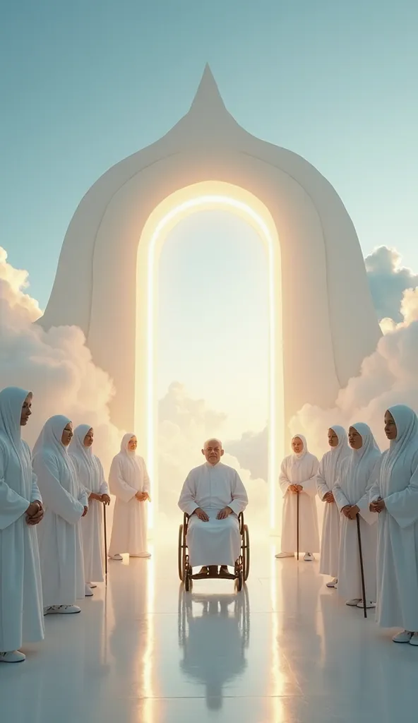 "A breathtaking, celestial scene showing a group of elderly people gathered at the entrance of a radiant, otherworldly structure high above the clouds. The sky is vast and soft blue, with warm sunlight filtering through delicate clouds. The elderly, dresse...