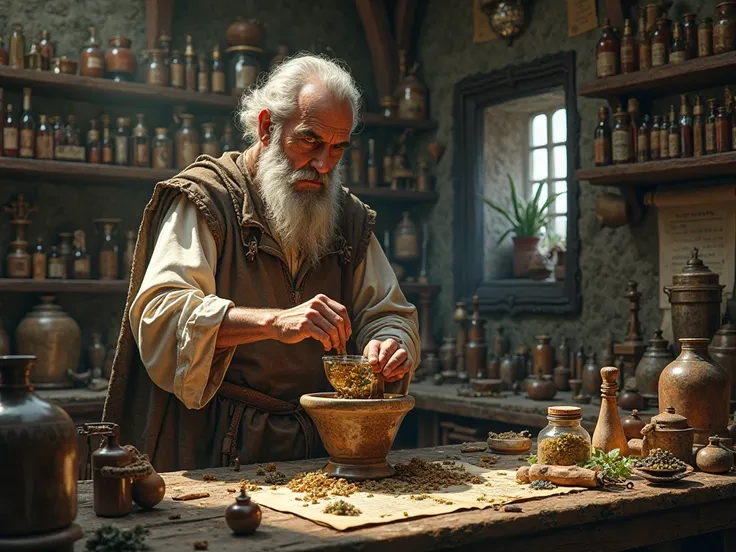 Give me an image of Roman apothecary preparing Mithridatium. The image should be hyper realistic and in 8k