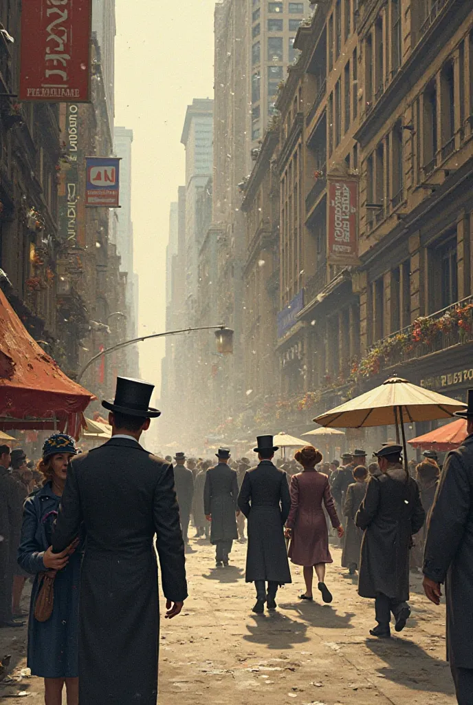 Title: "The Crack of 1929: The Day the World Changed"

Vignette 1: Un Mundo de Prosperidad

image: A bustling street in New York in 1928. Men in top hats and elegant women walk, while a newsman shouts: "The stock market keeps rising!"
text: "The 1920s roar...