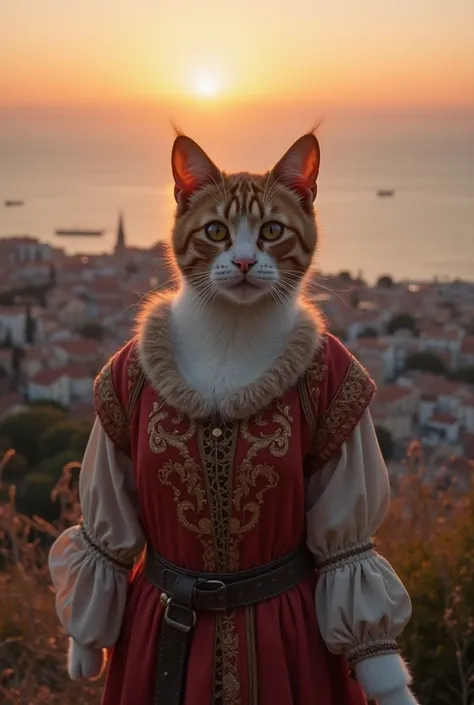 Realistic photo-style cat、cute, is wearing a medieval European style dress、girly、tunic、medieval europe square、A breathtaking wide-angle view of a coastal city at sunset, captured from a high vantage point, showing the vast ocean and the city skyline in the...