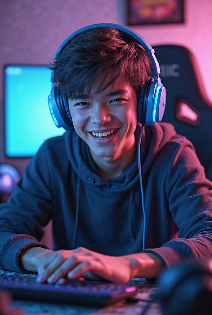 Create a Streamer boy who has blue headphones and who is in his sector an 18-year-old boy