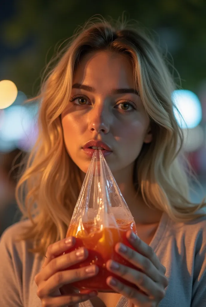 A young woman holds a small plastic bag filled with juice and drinks directly from the tip of the bag, squeezing it lightly with her hands. Her gaze is relaxed and she seems to be seizing the moment.  She wears a light and comfortable blouse , suitable for...