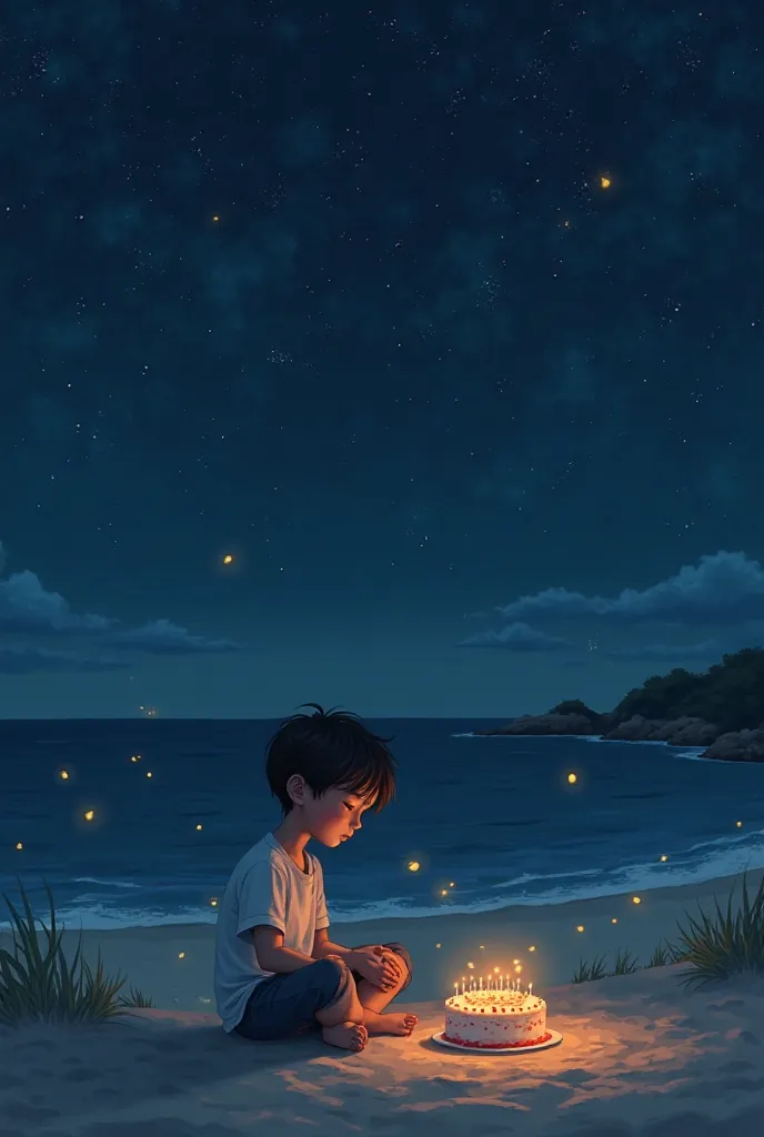 At night, the sky is filled with stars and fireflies. A boy is sitting on the beach, very sad, holding a birthday cake for his ex. On the sand next to him, 