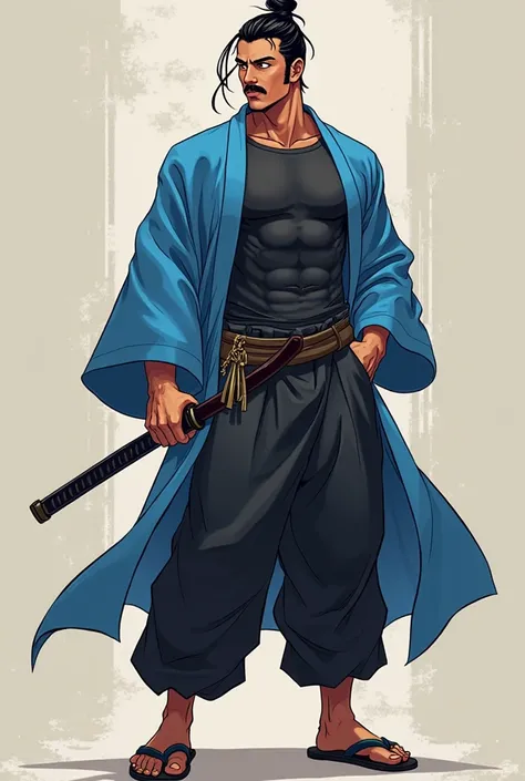  male with caramel skin color wearing Black compression shirt with a blue haori, with black baggy pants and zori for shoes, with a katana on my waist with a mustache and chin hair anime style