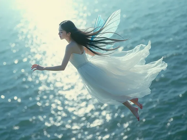 an asian fae with light blue feather wings and long black hair, wearing a white dress. she is flying over a sea