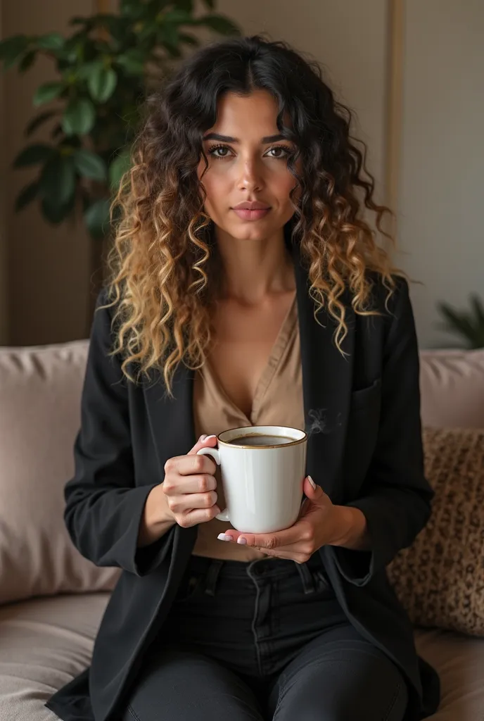 Generate a very realistic and natural photo of a 35-year-old Brazilian woman with fair skin, Half chubby long curly black hair with blonde locks, light makeup she wears a black blazer beige shirt black pants holding a cup of coffee in her hands in the back...