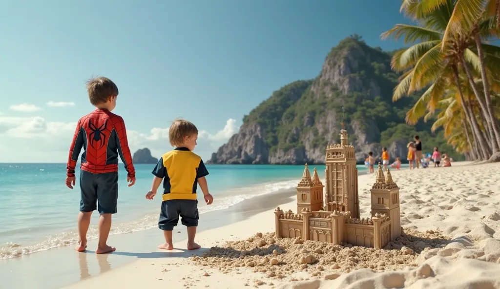 A handsome boy wearing a yellow black combination spiderman costume with a beautiful daughter,  , wearing a yellow combination red ironman costume, seorang anak laki laki  , wearing a deadpool costume ,  is walking along , looking at the sand toy in the sh...