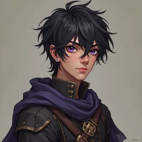 A character from a medieval role-playing game,  he is 20 years old , It has a height of 1,82, He is a character that has less strength but has more agility, He has short black hair and dark purple eyes, in a realistic style