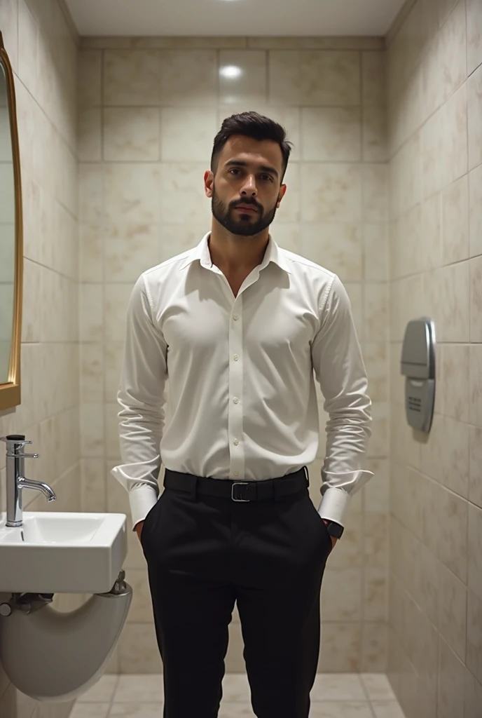 man dressed in a white shirt and black pants standing in a bathroom,  a photo of Emerson Silva , Instagram,  realism, corps inteiro picture, Pose legal, in the style of sifu 🔥 😎 🕹️ 👀 :2, corps inteiro!!, very very low quality image, pose frontal, pose casu...