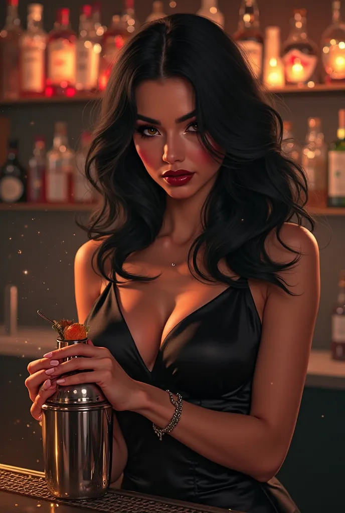 The bartender is a woman with black hair